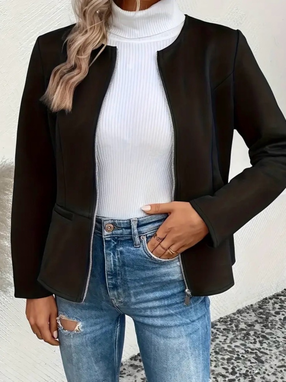 Women's Black Zip-Front Blazer Jacket
